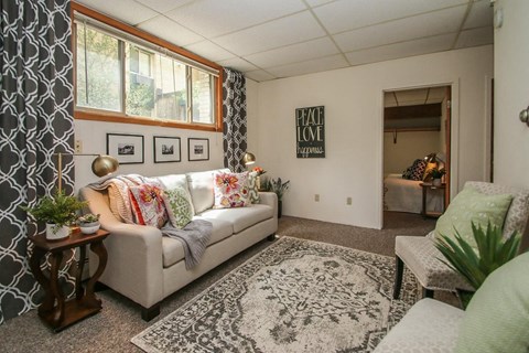 a living room with a couch and a rug